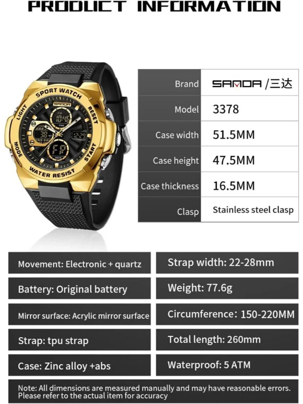 Men's Gold Analog Quartz Electronic Military Multifunction LED Digital Watch